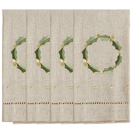 Saro Lifestyle Embroidered and Hemstitched Wreath Guest Towel (Set of 4), Natural, 14"x22" - color: Wreath