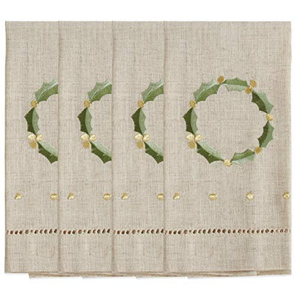 Saro Lifestyle Embroidered and Hemstitched Wreath Guest Towel (Set of 4), Natural, 14"x22" - color: Wreath