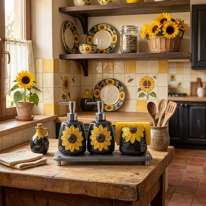 4 Pcs Sunflower Kitchen Decor Ceramic Soap Dispenser Set Comes with Sponge Tray Instant Dry Tray Suitable for Kitchen Accessories Bathroom Decor Housewarming Gifts - style: Sunflower