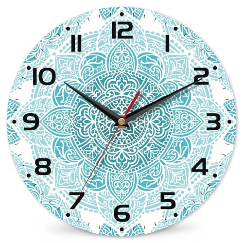 Teal Mandala Flower Wall Clock, Silent Non-Ticking, Battery Operated, Wooden Decorative Round Clock with Arabic Numerals, 10 Inch - color: Teal Mandala Flower