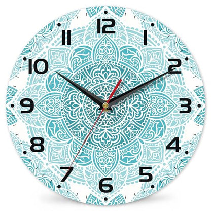 Teal Mandala Flower Wall Clock, Silent Non-Ticking, Battery Operated, Wooden Decorative Round Clock with Arabic Numerals, 10 Inch - color: Teal Mandala Flower