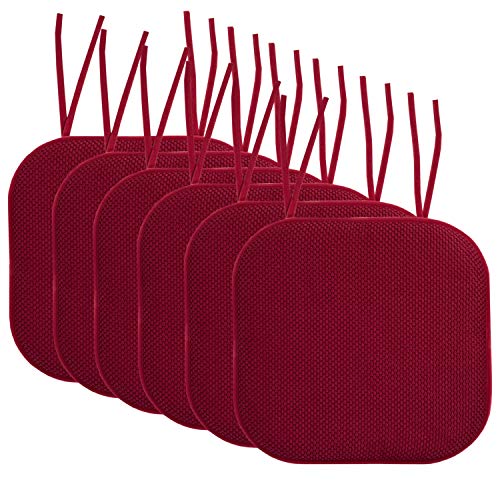 Sweet Home Collection Chair Cushion Memory Foam Pads with Ties Honeycomb Pattern Slip Non Skid Rubber Back Rounded Square 16" x 16" Seat Cover, 6 Pack, Wine Burgundy 6 Pack - color: Wine Burgundy, size: 6 Count (Pack of 1)