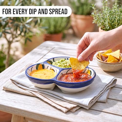 3-Compartment Ceramic Serving Dish, Handmade in Spain | 7.5” divided chip and dip bowl with lead-free glaze, microwave, oven and dishwasher safe, ideal for tapas, snacks and sauces - color: Fiesta Flower