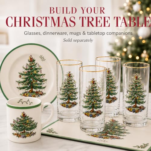 Spode Christmas Tree 15oz Highball Glasses, Set of 4 - Gold-Rimmed Elegant Holiday-Themed Glassware, Festive Holiday Drinkware for Christmas Parties, New Year’s Toasts & Festive Occasions | Ideal for serving cocktails & sparkling water, 22k gold-trimmed r