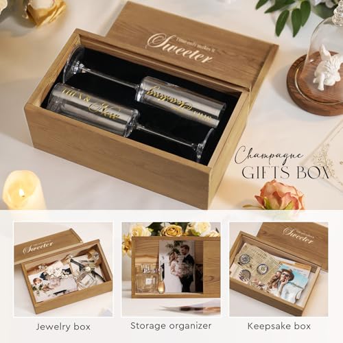 AW BRIDAL Anniversary Champagne Flutes Set of 2 with Wooden Keepsake Box | Engagement Gifts for Couples, Mr and Mrs Champagne Flutes, Crystal Toasting Glasses, Bridal Shower and Wedding Gift - color: Then & Now（Brown）, size: Set of 2（Wooden box）
