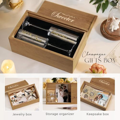 AW BRIDAL Anniversary Champagne Flutes Set of 2 with Wooden Keepsake Box | Engagement Gifts for Couples, Mr and Mrs Champagne Flutes, Crystal Toasting Glasses, Bridal Shower and Wedding Gift - color: Then & Now（Brown）, size: Set of 2（Wooden box）