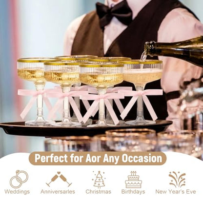 Set of 24 Plastic Champagne Coupe Glasses with Bow 7 oz Gold Champagne Tower Set Stackable Acrylic Ribbed Martini Glasses Cocktail Coupe Cup for Wedding Birthday Party Bar(Bowknot,Pink) - color: Pink, style: Bowknot