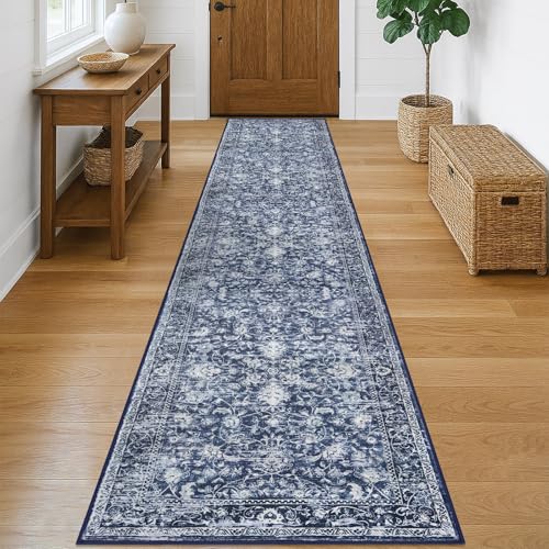 KILOCOCO Runner for Hallway 2x10 ft Washable Runner Non-Slip Rug, Blue | Printed Hallway Runners Rug, Non Skid Kitchen Runner Rug, Low Pile Entryway Runner, Floral Runners for Bedroom Living Room - color: Blue/Navy/White, size: 2' x 10' (Runner)