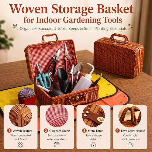 Repotting Mat and Planting Tools, Indoor Plants, Wicker Basket | All-in-one succulent repotting set, pruning shears, snap-corner mat, wicker storage, indoor gardening gift set