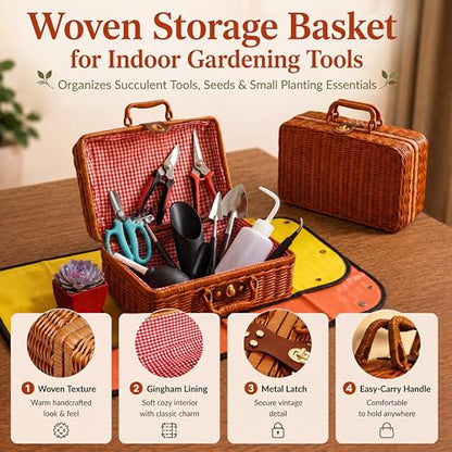 Repotting Mat and Planting Tools, Indoor Plants, Wicker Basket | All-in-one succulent repotting set, pruning shears, snap-corner mat, wicker storage, indoor gardening gift set