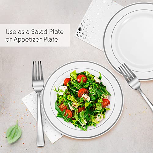 Silver Dessert Plates Set, 100 Wedding Plates, Forks and Napkins, 7.5 Inch | Sturdy plastic, cake service, appetizer tables, salad course, weddings, birthdays, easy cleanup - color: Silver, style: Plates,Forks and Napkins