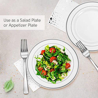 Silver Dessert Plates Set, 100 Wedding Plates, Forks and Napkins, 7.5 Inch | Sturdy plastic, cake service, appetizer tables, salad course, weddings, birthdays, easy cleanup - color: Silver, style: Plates,Forks and Napkins