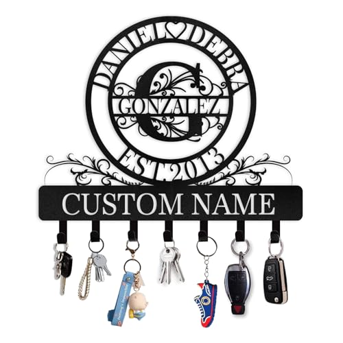 Personalized Key Holder, Family Names & Initial Key Holder Wall Mount | Custom Key Rack Holder for Wall, Metal Key Hooks Monogram Design, Key Hanger for Hallway Bedroom, Anniversary Couple Gift - color: 09 Monogram