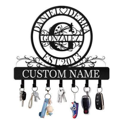 Personalized Key Holder, Family Names & Initial Key Holder Wall Mount | Custom Key Rack Holder for Wall, Metal Key Hooks Monogram Design, Key Hanger for Hallway Bedroom, Anniversary Couple Gift - color: 09 Monogram