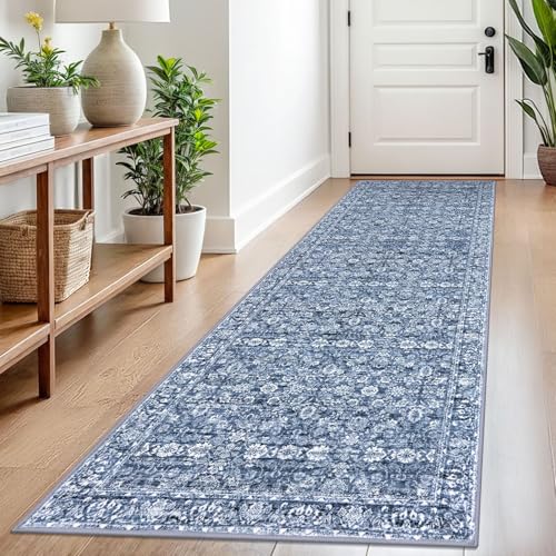 SIILOOM 2.6x8 Washable Runner Rug, Non Slip Area Rug for Hallway Kitchen | Blue/White Soft Boho Vintage Floral Spill & Stain Resistant Low Pile Carpet for Entryway Office Laundry Bedroom, Easy Clean - color: Blue/White, size: 2'7" x 8' (Runner)
