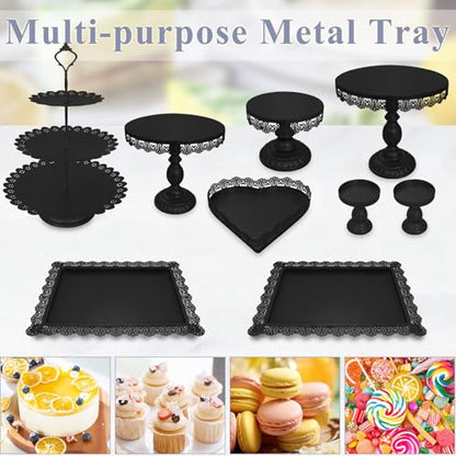 Set of 9 Cake Stands Metal Cupcake Stand Set Multiple Styles Candy Fruit Display Tower Dessert Plate Cake Serving Tray for Birthday Party Wedding Anniversary Baby Shower Engagement (Black) - color: Black