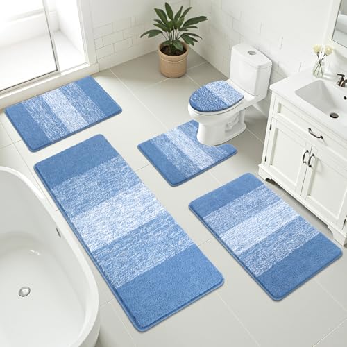 Bsmathom Bathroom Rug Set 5 Piece, Plush Microfiber Bath Mat, Blue | Extra Water Absorbent, Non Slip Washable Runner Bath Rugs with Toilet Lid Cover and U-shaped Contour Toilet Mat - color: Blue, size: 18"x26"+20"x31"+20"x48"+U20"x24"+Cover19"x21"