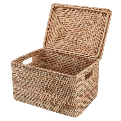 Rattan Basket with Lid, 15.75"×14.17"×11.81", Handwoven Storage | Handwoven from natural rattan | Durable & sturdy lid | Stackable design | Ages beautifully over time - size: 15.75"×14.17"×11.81"