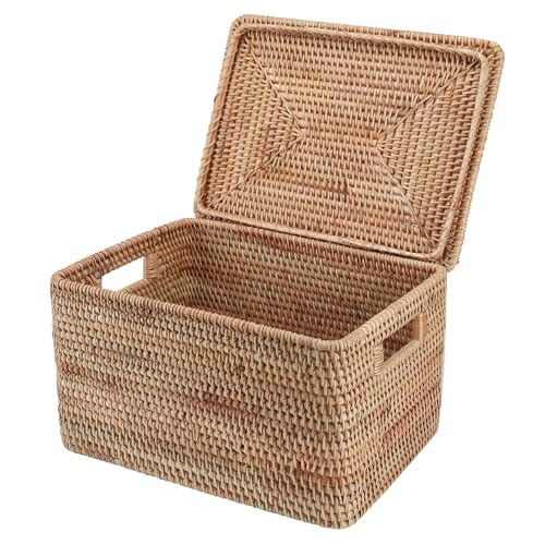 Rattan Basket with Lid, 15.75"×14.17"×11.81", Handwoven Storage | Handwoven from natural rattan | Durable & sturdy lid | Stackable design | Ages beautifully over time - size: 15.75"×14.17"×11.81"