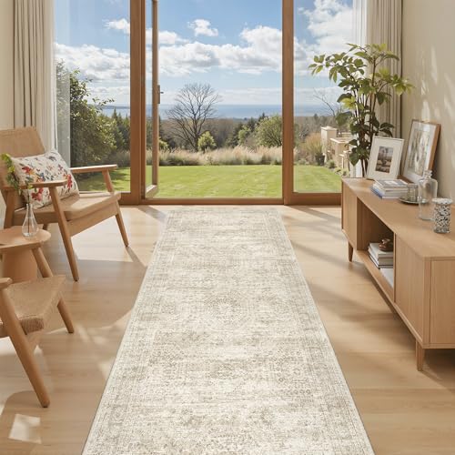 Soalmost Washable Kitchen Runner Rug 3x6 Hallway Entry Rugs Non-Slip, Beige | Vintage Runners 6ft for Bathroom Laundry Room, Foldable Low-Pile Floor Carpet Mat for Entryway Corridor Bedroom - color: Beige, size: 3' x 6' (Runner)
