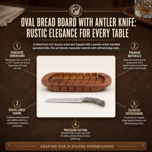 Oval Bread Board with Pewter Antler Knife - Rustic Lodge Style Cutting Board for Serving Bakery Loaves - 14.25" L x 5.25" W