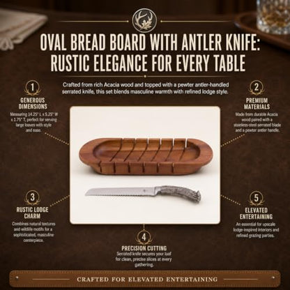 Oval Bread Board with Pewter Antler Knife - Rustic Lodge Style Cutting Board for Serving Bakery Loaves - 14.25" L x 5.25" W