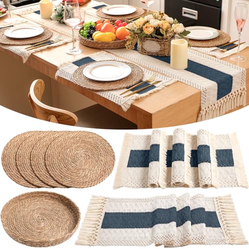 Boho Placemats 4/6/8 Set of Round Woven Placemat Macrame Style Bicolor Stitching Long Table Runner Farmhouse Rustic Natural Burlap Cotton for Kitchen Dining Table(4 Sets,Blue,12x72) - color: Blue, size: 12x72"