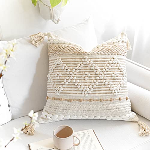 Cream White Boho Throw Pillow Cover 20X20, Boho Woven Textured Pillow Cover, Neutral Pillow Cover, Sofa Couch Bed Farmhouse Lumbar Pillow (Cover ONLY) - color: Cream, size: 20" x 20" (Pack of 1)