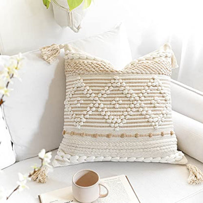 Cream White Boho Throw Pillow Cover 20X20, Boho Woven Textured Pillow Cover, Neutral Pillow Cover, Sofa Couch Bed Farmhouse Lumbar Pillow (Cover ONLY) - color: Cream, size: 20" x 20" (Pack of 1)