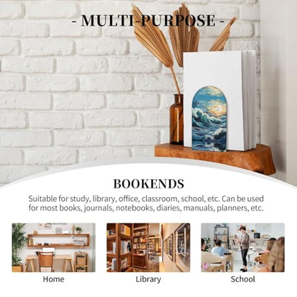 Wave Sailboat Seagull Wooden Bookends - Office Book Storage Rack, Non-Slip, Suitable for Study Room, Classroom and Library