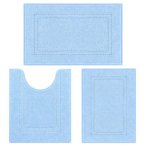 SHACOS Light Blue Bathroom Rugs Sets 3 Piece Bath Mat U Shaped Toilet Rug | 20x32+ 16x24+ 20x24, Soft Fluffy Microfiber Bath Rugs Set, Non Slip Washable Absorbent Bathroom Floor Mats Carpet Shower Rug - color: Light Blue, size: 16"x24"+ 20"x32"+U Shape 20