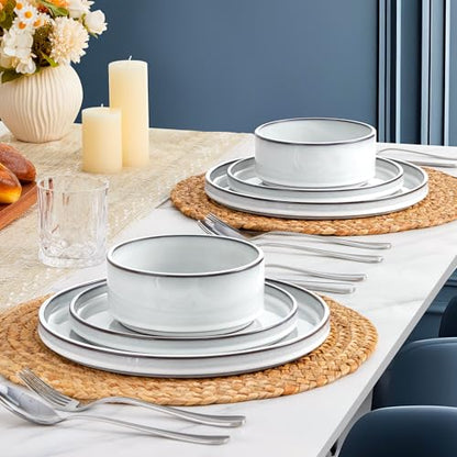 LIANYU 12 Piece Dinnerware Dishes Sets for 4, Stoneware Plates and Bowls | Ceramic Dishware Set for Pasta Dessert Cereal, Rustic Terracotta Bottom, Microwave & Dishwasher Safe, Lucent White - color: Lucent White