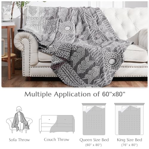 jinchan 100% Cotton Muslin Blanket Twin Boho Throw Blanket 60x80 Gray | 3-Layer, Tribal Geometric Quilt, Cooling Breathable Lightweight, for Adult, Soft, Reversible, Couch, Sofa, Bedroom, Coverlet - color: A. Boho Grey, size: 60"x80"