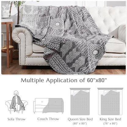 jinchan 100% Cotton Muslin Blanket Twin Boho Throw Blanket 60x80 Gray | 3-Layer, Tribal Geometric Quilt, Cooling Breathable Lightweight, for Adult, Soft, Reversible, Couch, Sofa, Bedroom, Coverlet - color: A. Boho Grey, size: 60"x80"