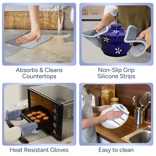 Casa Platino Mini Oven Mitts Set, 8-Piece – 500°F Heat Resistant Silicone Oven Mitt, Potholders for Kitchens, 2 Kitchen Towels & 2 Dish Cloths – Non-Slip & Durable – Indigo - color: 09: Oven Mitts - Indigo, size: Oven Mitt Set - 8 Pack
