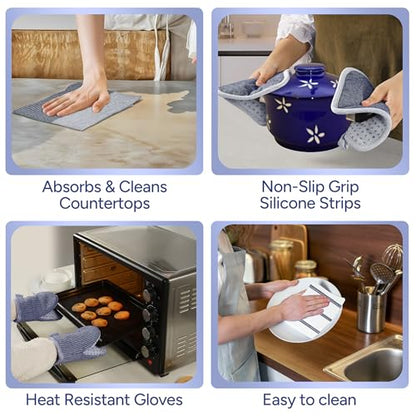 Casa Platino Mini Oven Mitts Set, 8-Piece – 500°F Heat Resistant Silicone Oven Mitt, Potholders for Kitchens, 2 Kitchen Towels & 2 Dish Cloths – Non-Slip & Durable – Indigo - color: 09: Oven Mitts - Indigo, size: Oven Mitt Set - 8 Pack