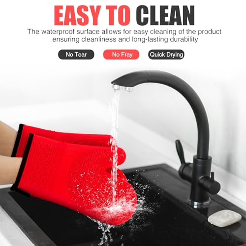 Silicone Oven Mitts, Heat Resistant 2PCS Oven Mitts with Soft Cotton Lining, Waterproof Non-Slip Grip Oven Glove, Kitchen Potholder Mits for BBQ, Baking, Cooking, 12.5 Inch - Red - color: Red