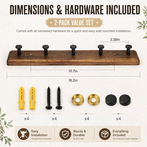 POZEAN Wooden Coat Rack Wall Mount, 2 Pack Wall Mounted Coat Hangers with 5 Smooth Round Hooks, Space Saving Organizer for Entryway,Bathroom, Clothes, Jackets, Hats, Keys(‎Brown Plate & Black Hooks)