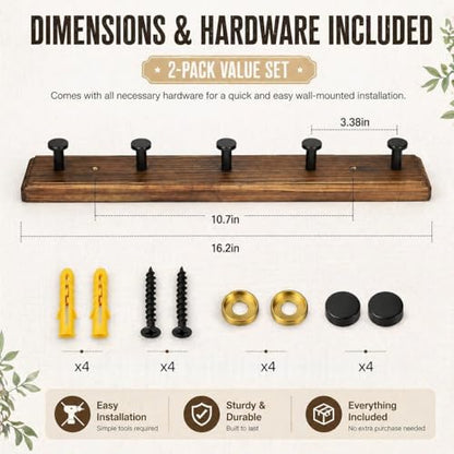 POZEAN Wooden Coat Rack Wall Mount, 2 Pack Wall Mounted Coat Hangers with 5 Smooth Round Hooks, Space Saving Organizer for Entryway,Bathroom, Clothes, Jackets, Hats, Keys(‎Brown Plate & Black Hooks)