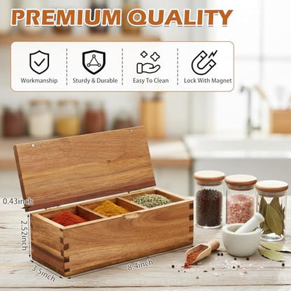 Acacia Wood Salt Cellar Spice Box with Magnetic Lid 29oz Large Capacity Salt Organizer 3 Compartments for Kitchen Countertop, Pepper, Seasonings, Spices, Grilling & Cooking - color: Acacia Wood, style: 3 Compartments