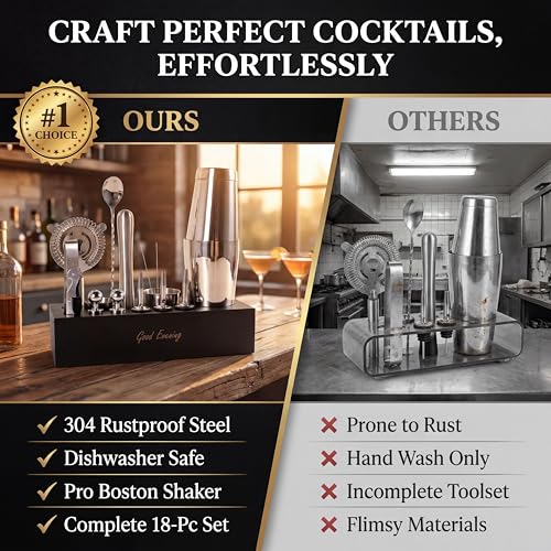 Premium 18-Piece Bartender Kit - Mixology Cocktail Shaker Set with Modern Bamboo Stand, Weighted Boston Shaker, Bar Mat & Recipe Book | 304 Stainless Steel Home Bar Accessories