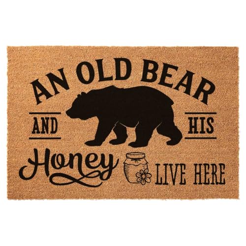 Funny Coconut Coir Doormat an Old Bear and His Honey Live Here Welcome Front Porch Decor Mat for The Entrance Way Rug with Heavy-Duty Non Slip 23.6 x 15.7inch - color: An Old Bear and His Honey Live Here