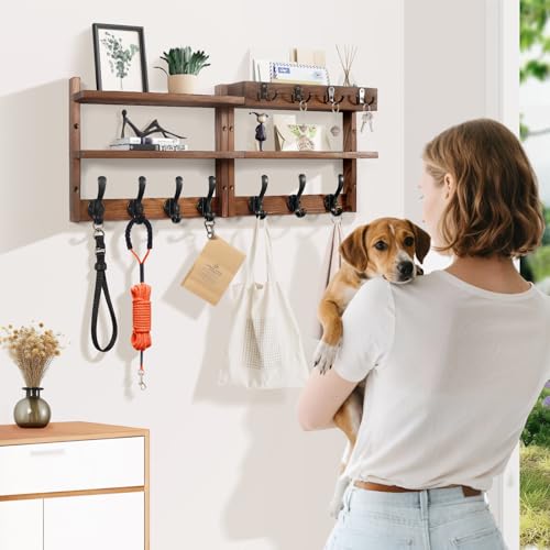 29" Coat Rack Wall Mount with Shelf, Pine Two-Tier Wall Shelf Mounted Coat and Key Hanger with 7 Heavy Duty Hooks 4 Key Hooks, Entryway Key Holder with Mail Holder for Bedroom,Living Room (Brown) - color: Brown Pine