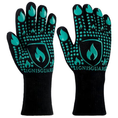 IGNISGUARD® BBQ Gloves, Heat Resistant Grill Gloves, 1 Pair, Green (M) | EN407:2020 tested with textured silicone grip, three-layer construction and long knit cuff for added wrist coverage. - color: Green, size: Medium