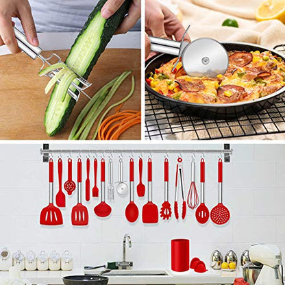 LIANYU 43 Pcs Kitchen Cooking Utensils Set, Silicone Cooking Utensils Spatula Set with Holder, Heat Resistant Kitchen Gadgets Tools for Nonstick Cookware Set, Stainless Steel Handle, Red - color: Red