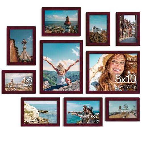 Vittanly 10 Pack Picture Frames Collage Wall Decor, Cherry Red | Gallery Wall Frame Set: 2pcs 8x10, 4pcs 5x7 & 4pcs 4x6 Photos for Wall & Table, Picture Frames made of Engineered Wood - color: Cherry Red