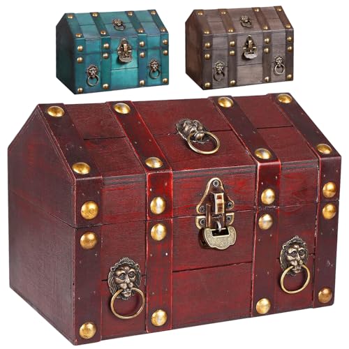 Large Vintage Wooden Treasure Chest Antique Box with Metal Lock | Wood Jewelry Box Storage Decorative Boxes Handmade Rectangle Organizer for Women Ring Necklace Earring Coins Collectibles - color: Red