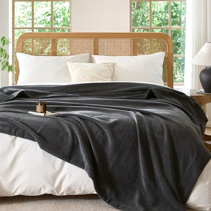 CHUFFED Cotton Waffle Blanket Throw Size - Plush Milk Velvet & Reversible Waffle Weave,Anti-Static 500Gsm Design，Thick Cozy Soft Winter Blanket for Bed, Couch, Sofa - Dark Grey, 50x70 Inches - color: Dark Grey, size: Throw XL