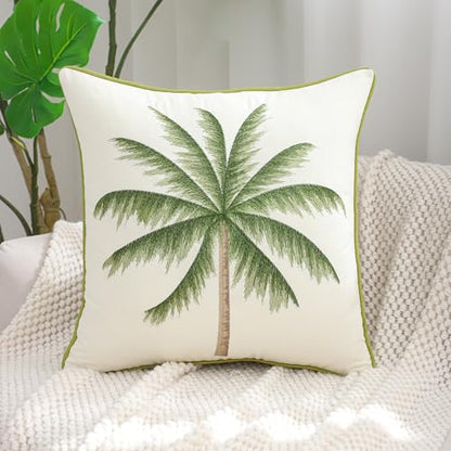 18x18 Palm Tree Embroidered Throw Pillow Covers Pack of 2 Green | Ocean-Themed,Durable Fabric,Square Pillow Cover,Boho Decorative,Hidden Zipper,Aesthetic Design,Ideal Gift,Machine Washable - color: Green Tropical Palm Tree