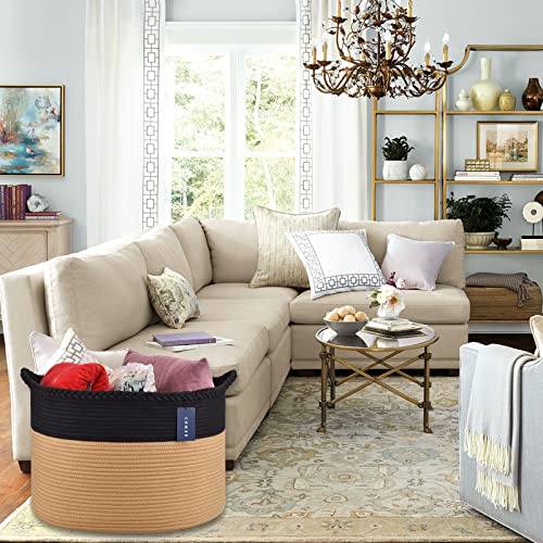 COMSE XXXLarge Woven Blanket & Laundry Basket, 87L, Black & Camel | 21.7" x 13.8", Cotton Rope, Nursery Hamper for Storage of Toys Clothes Towels, Ideal for Living Room Bedroom Bathroom - color: Black & Camel